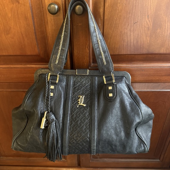 L.A.M.B. Handbags - Vintage Y2K L.A.M.B Gwen Stefani Black Leather Purse Shoulder Handbag Lock Charm